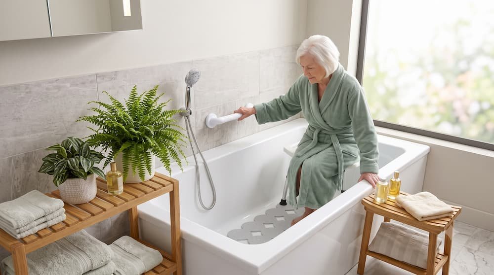 Senior showering safely at home