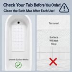 A surface compatibility comparison diagram showing the non slip bath mat adheres to smooth tub floors but will not stick to textured surfaces.
