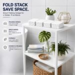 Folded white bathroom mats stacked on a storage shelf displaying the space saving design.