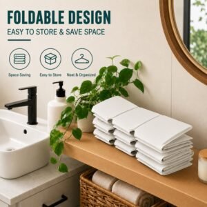 Foldable space-saving storage rack with neatly folded towels in a modern bathroom vanity area