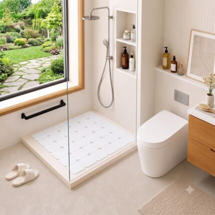 Non-slip shower mat installed in a modern bathroom shower area for enhanced safety and slip prevention
