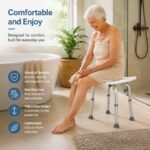 Elderly Woman Using Adjustable Shower Stool Comfortably in Bathroom